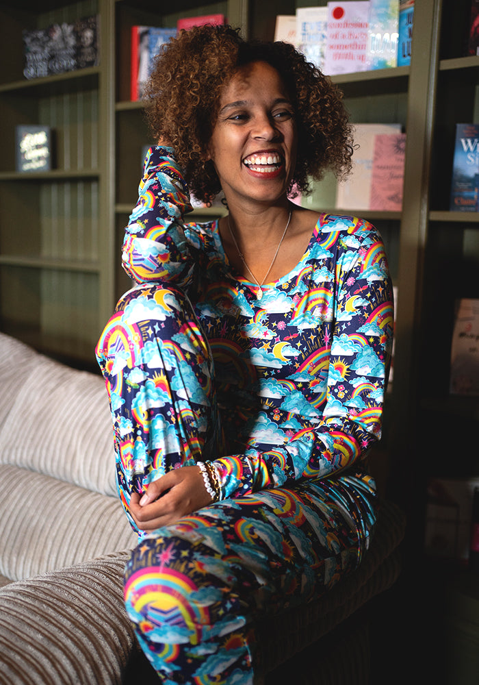 Front view of Shelbie Rainbow Books Print Pyjama Set, our peach skin nightwear fabric is designed with comfort in mind.