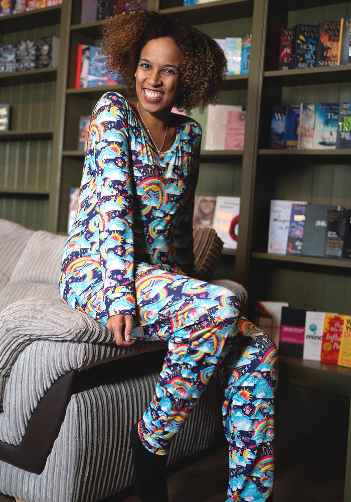 Fourth angle of Shelbie Rainbow Books Print Pyjama Set, our peach skin nightwear fabric is designed with comfort in mind.