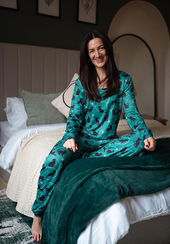 Third angle of Shelbie Playful Cats Print Pyjama Set, our peach skin nightwear fabric is designed with comfort in mind.