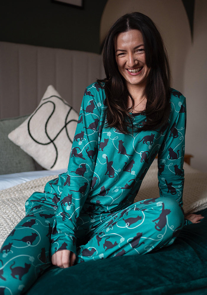 Front view of Shelbie Playful Cats Print Pyjama Set, our peach skin nightwear fabric is designed with comfort in mind.