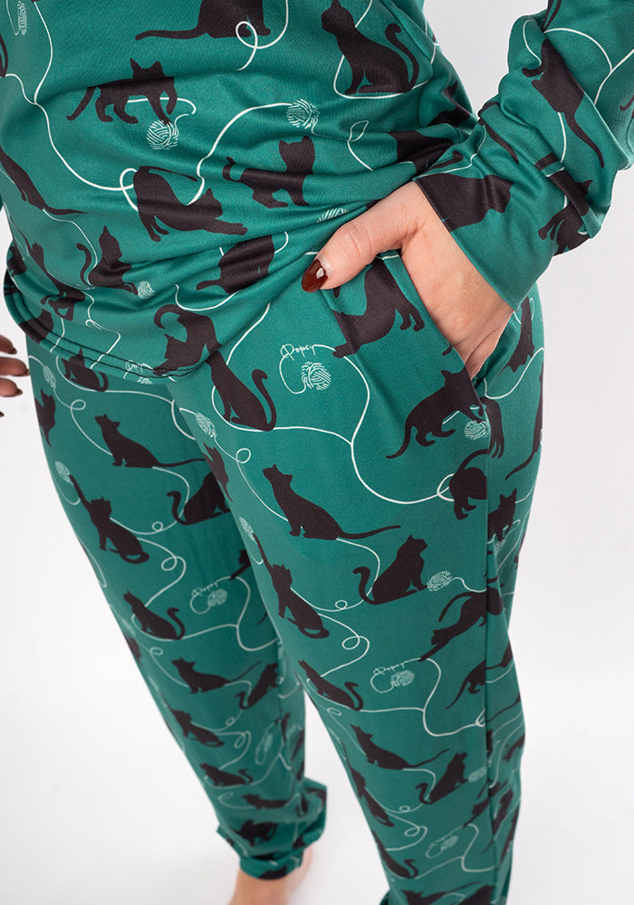 Fifth angle of Shelbie Playful Cats Print Pyjama Set, our peach skin nightwear fabric is designed with comfort in mind.