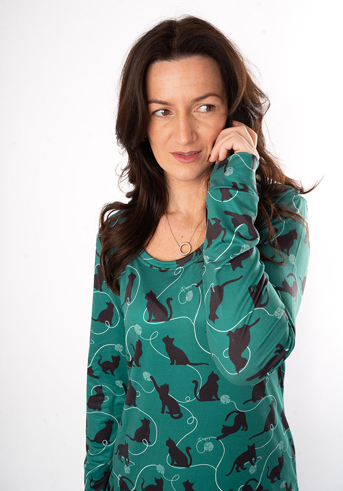 Fourth angle of Shelbie Playful Cats Print Pyjama Set, our peach skin nightwear fabric is designed with comfort in mind.
