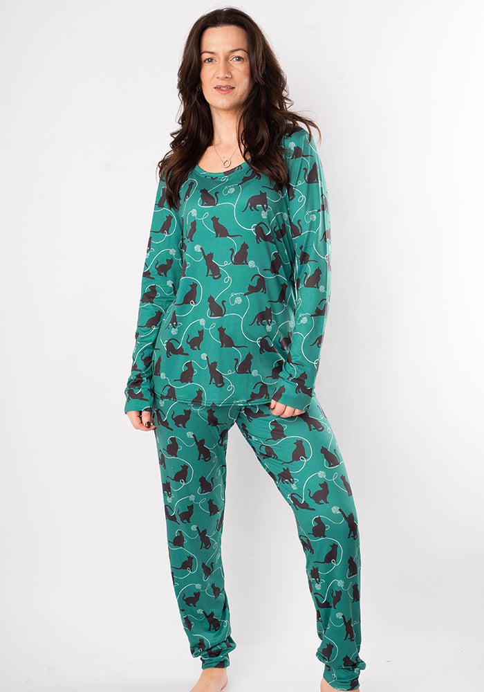 Second angle of Shelbie Playful Cats Print Pyjama Set, our peach skin nightwear fabric is designed with comfort in mind.