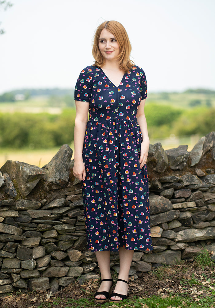 Third angle of Shellie Rainbow Snails Print Cotton Midi Dress