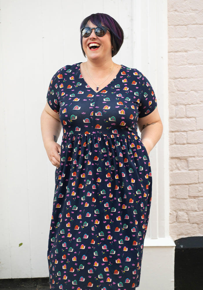 Front view of Shellie Rainbow Snails Print Cotton Midi Dress