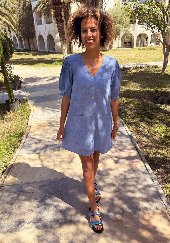 Third angle of Shiri Denim Chambray A Line Above Knee Dress