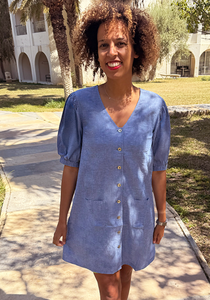 Front view of Shiri Denim Chambray A Line Above Knee Dress