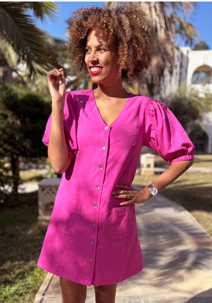Front view of Shiri Pink Denim Chambray A Line Above Knee Dress