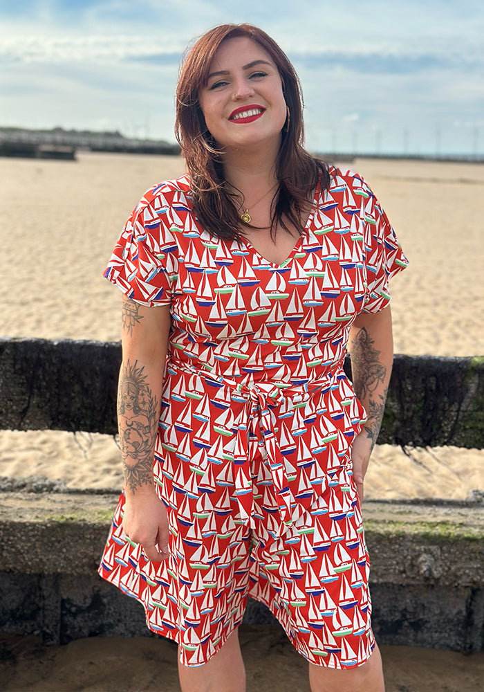 Sixth angle of Shore Red Sailboats Print Jersey Playsuit