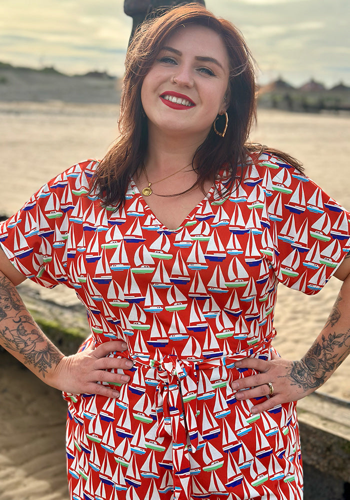Fourth angle of Shore Red Sailboats Print Jersey Playsuit