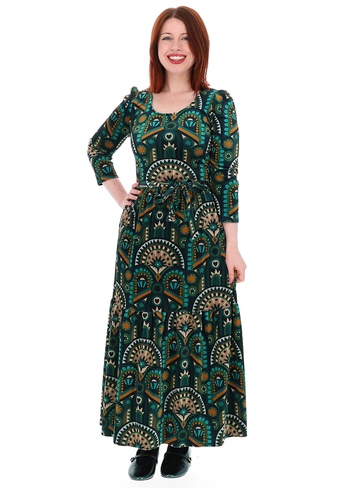 Shorena Teal Hand Painted Deco Print Midaxi Dress