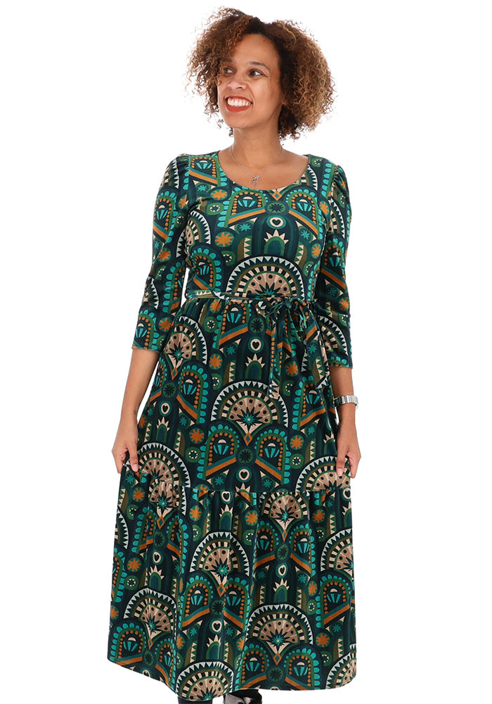 Shorena Teal Hand Painted Deco Print Midaxi Dress