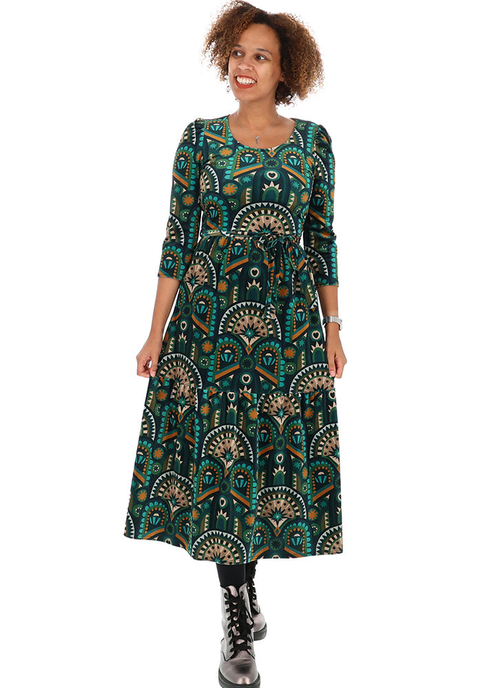 Shorena Teal Hand Painted Deco Print Midaxi Dress