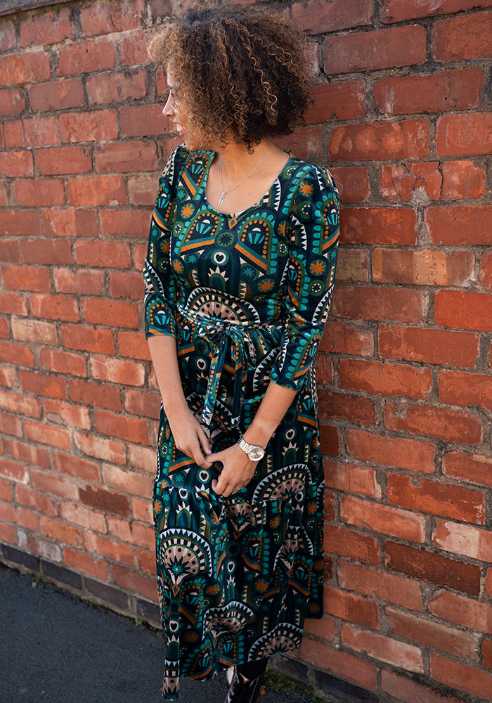 Shorena Teal Hand Painted Deco Print Midaxi Dress