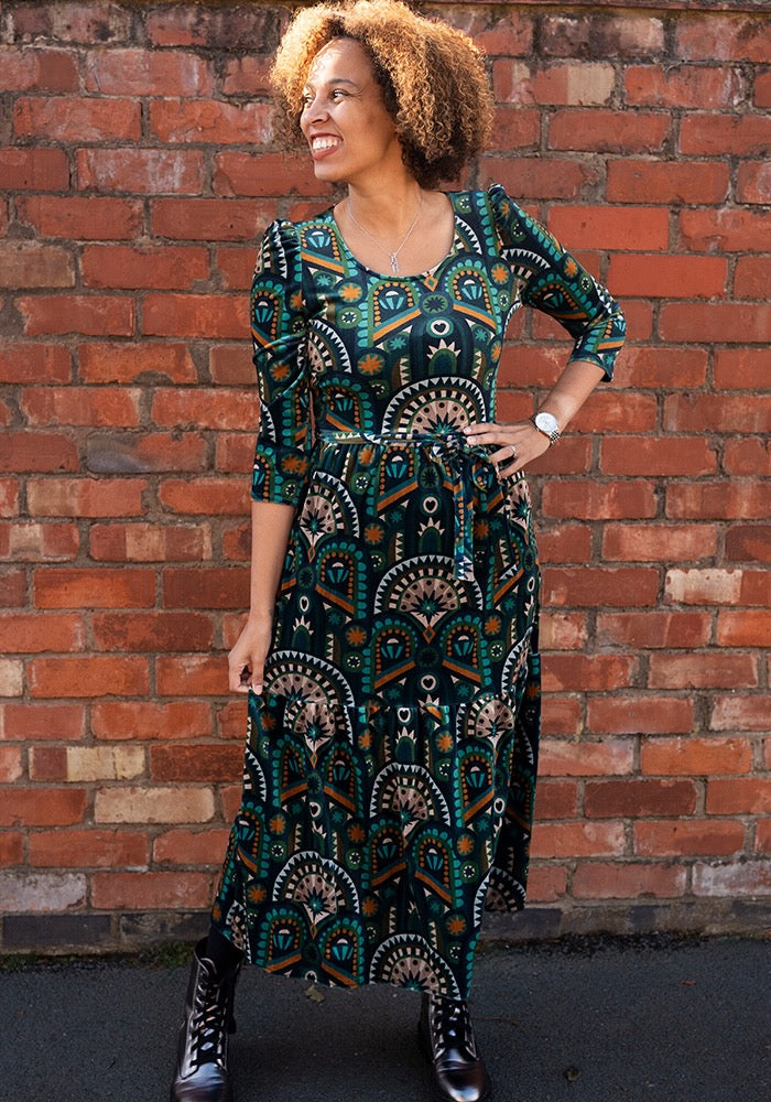 Shorena Teal Hand Painted Deco Print Midaxi Dress