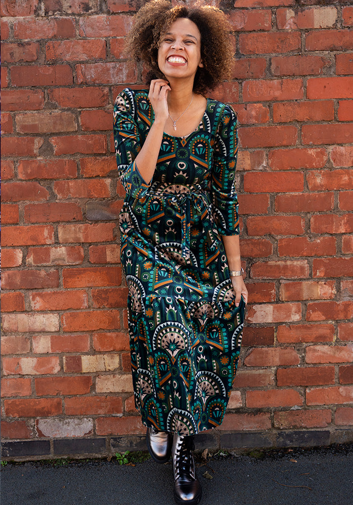 Shorena Teal Hand Painted Deco Print Midaxi Dress