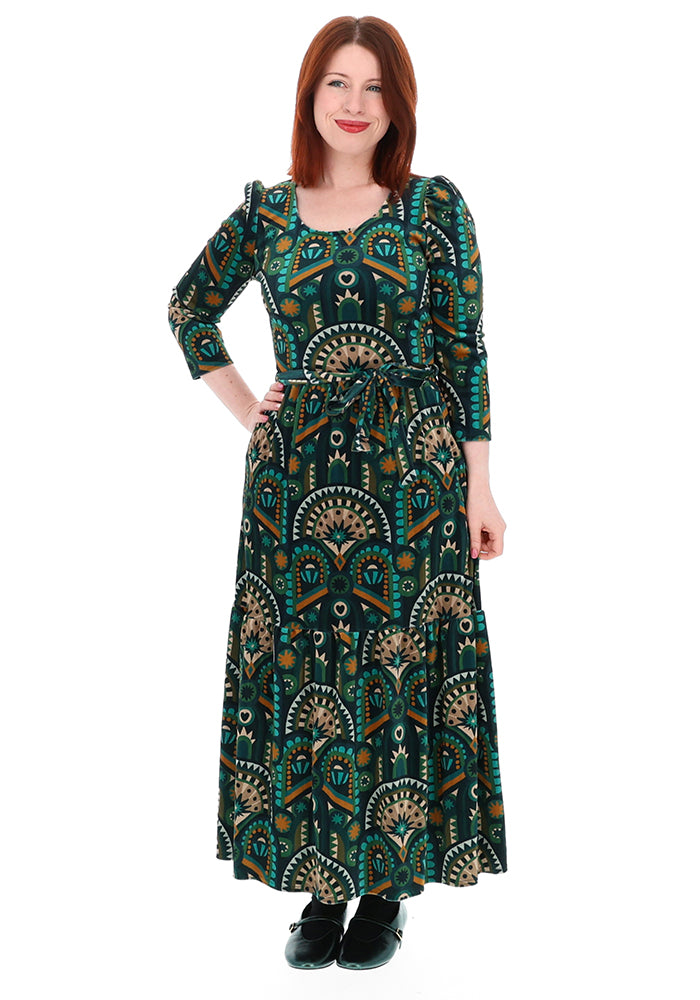 Shorena Teal Hand Painted Deco Print Midaxi Dress