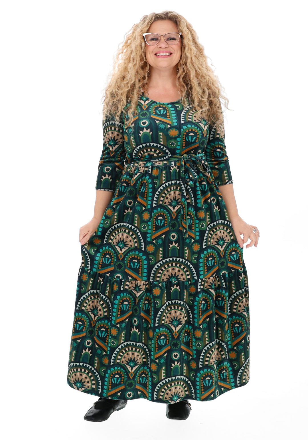 Shorena Teal Hand Painted Deco Print Midaxi Dress