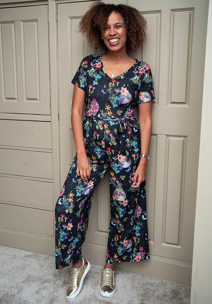 Fourth angle of Sibry Midnight Botanical Print Culotte Leg Jumpsuit