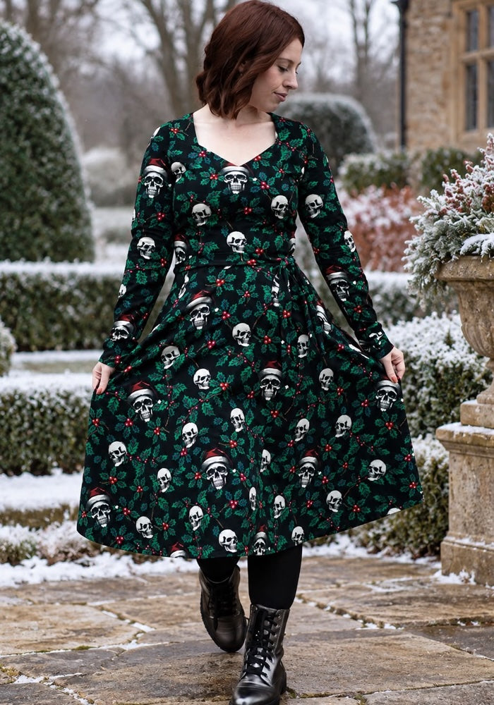 Tessara Holly &amp; Skulls Print Cotton Vintage Swing Dress