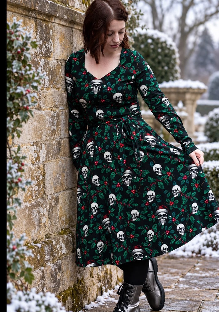 Tessara Holly &amp; Skulls Print Cotton Vintage Swing Dress