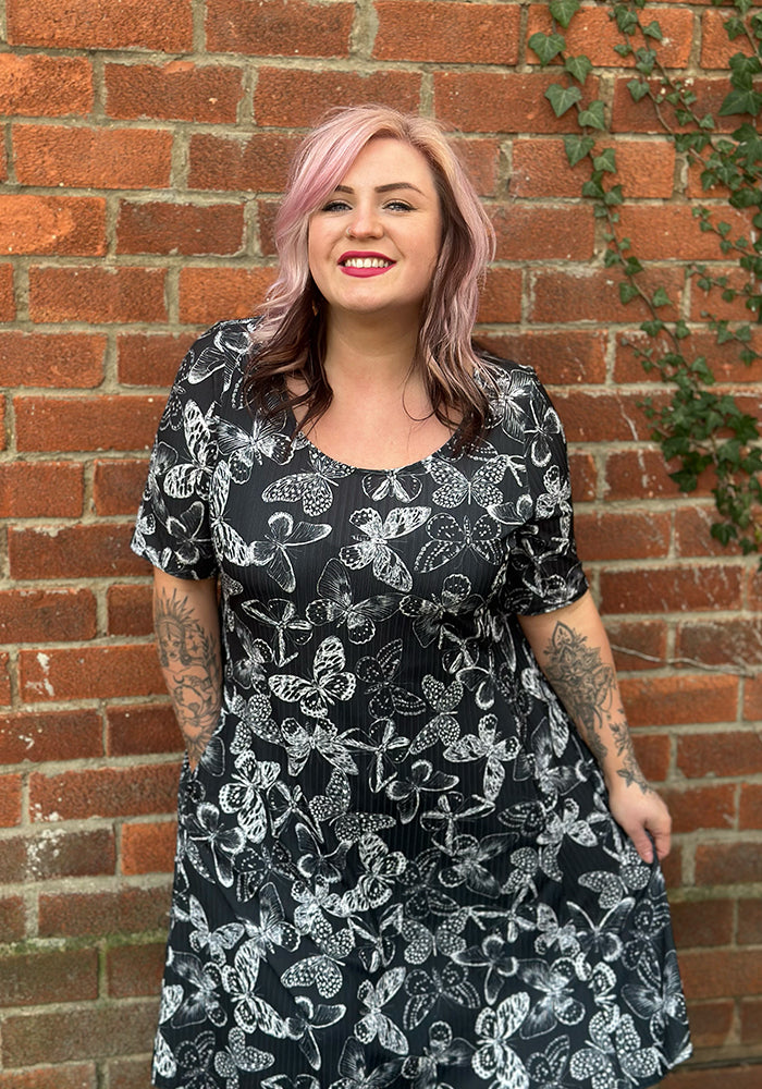 Second angle of Skyla Mono Butterfly Print Trapeze Dress