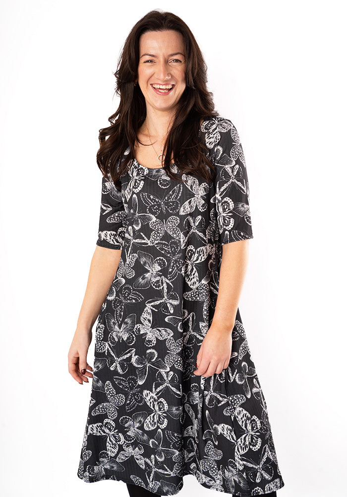 Fourth angle of Skyla Mono Butterfly Print Trapeze Dress
