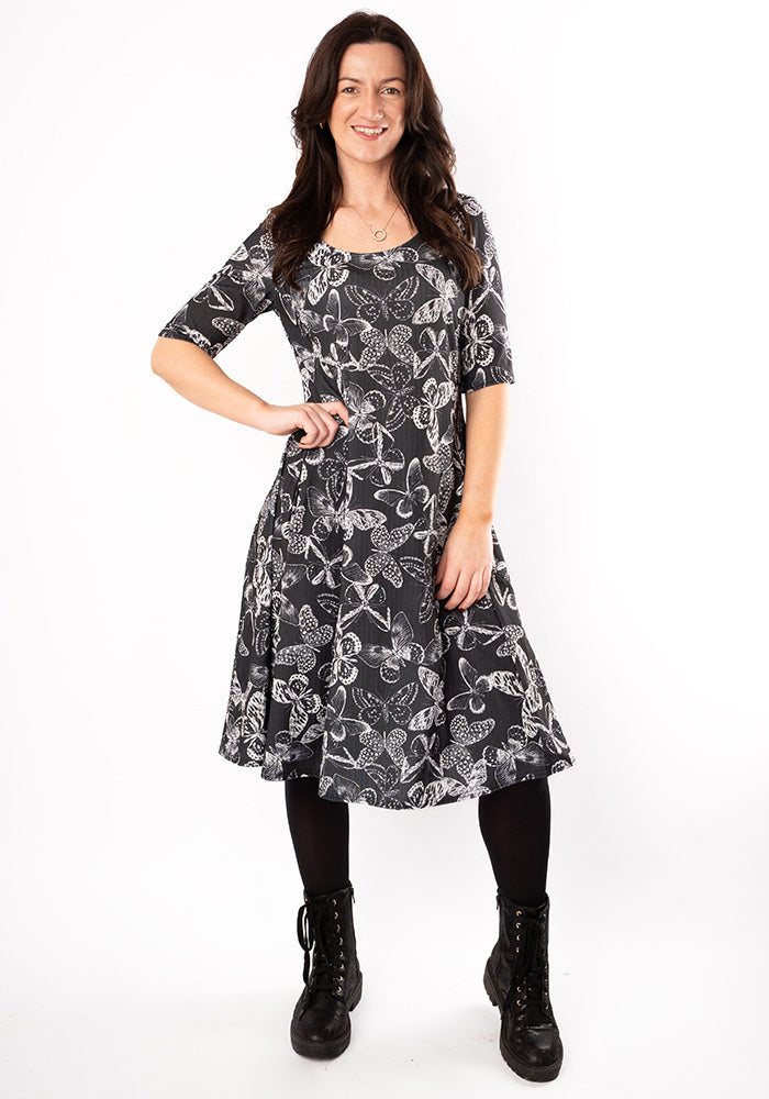 Third angle of Skyla Mono Butterfly Print Trapeze Dress