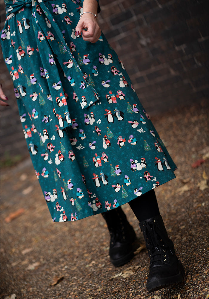Snowball Penguins Print Cotton Midi Dress