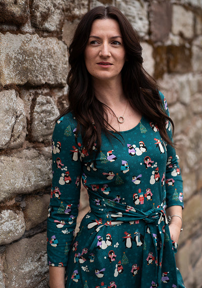 Snowball Penguins Print Cotton Midi Dress