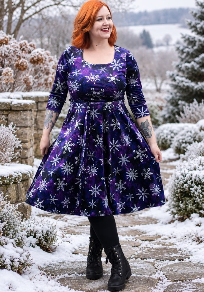 Zellia Purple Snowflake Print Vintage Swing Dress