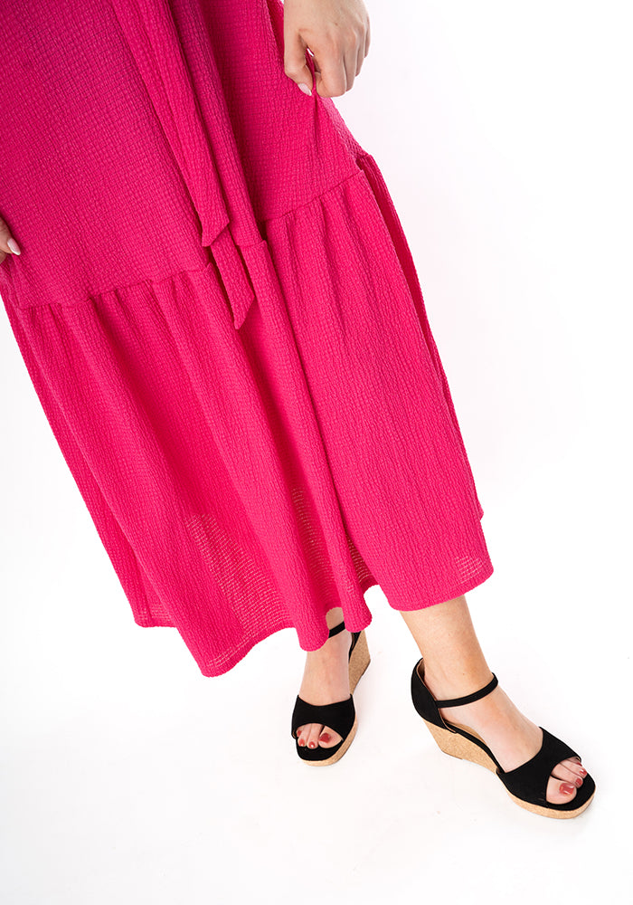 Sol Cerise Crinkle Tiered Hem Midaxi Dress