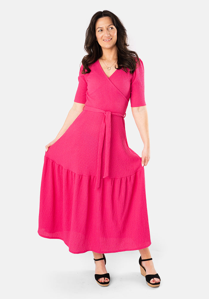 Front view of Sol Cerise Crinkle Tiered Hem Midaxi Dress