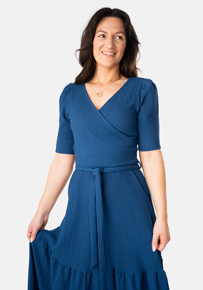 Sixth angle of Sol Indigo Crinkle Tiered Hem Midaxi Dress