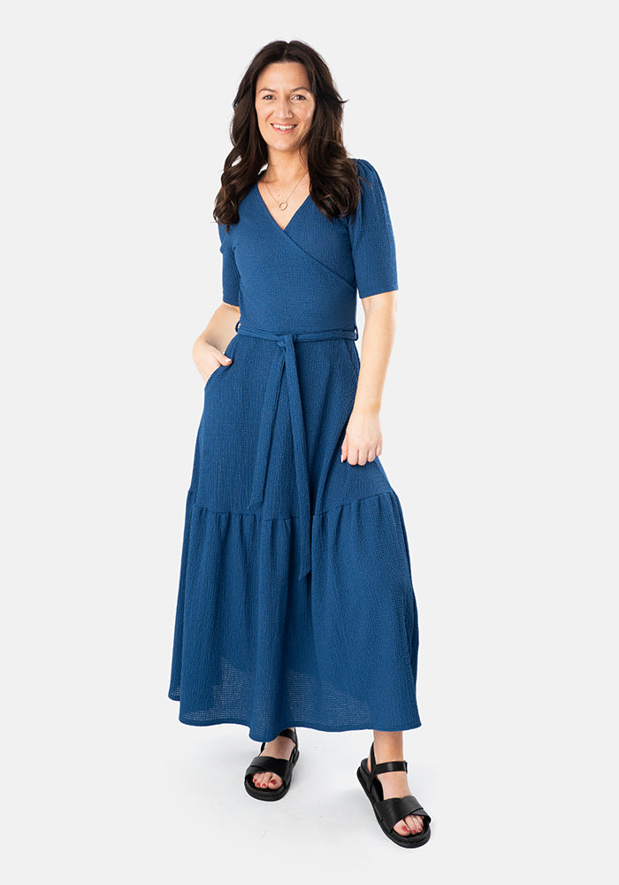 Third angle of Sol Indigo Crinkle Tiered Hem Midaxi Dress