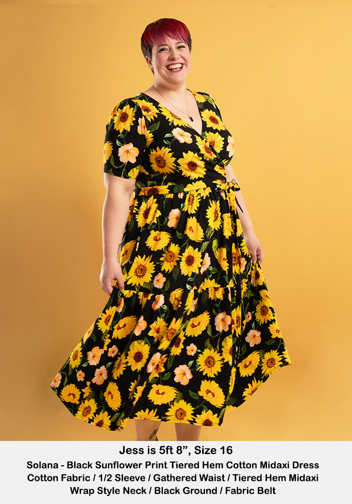 Solana Black Sunflower Print Tiered Hem Cotton Midaxi Dress