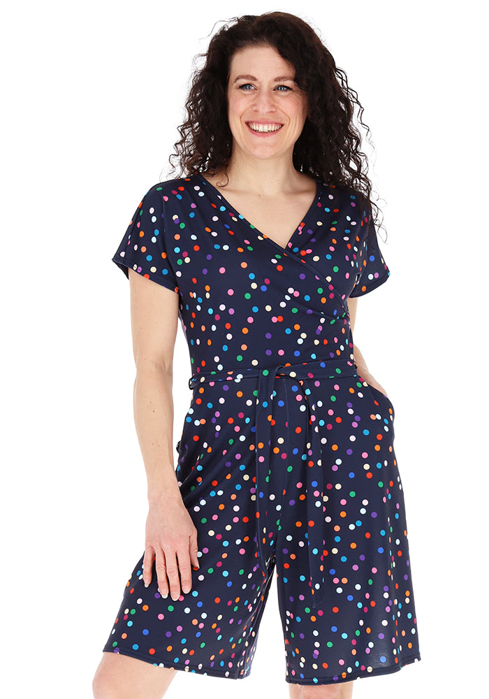 Front view of Sonnet Multi Coloured Polka Dot Print Jersey Playsuit