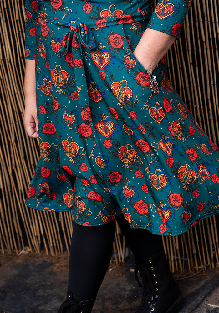 Seventh angle of Sophiette Lock and Key Tattoo Print Dress