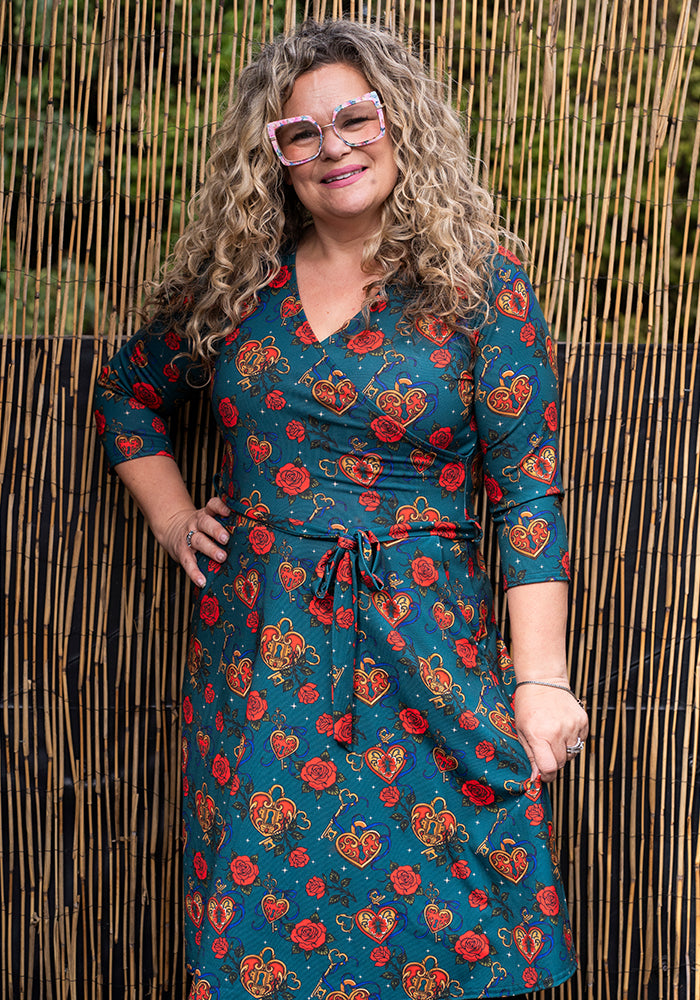 Front view of Sophiette Lock and Key Tattoo Print Dress