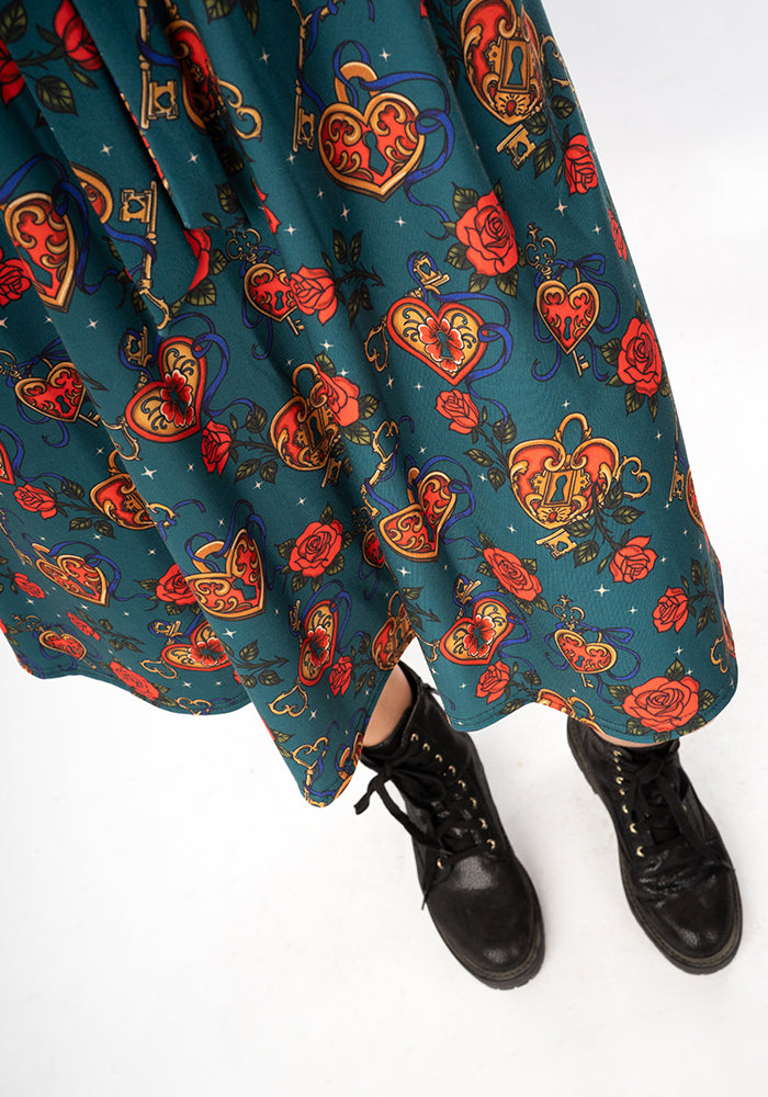Sixth angle of Sophiette Lock and Key Tattoo Print Dress