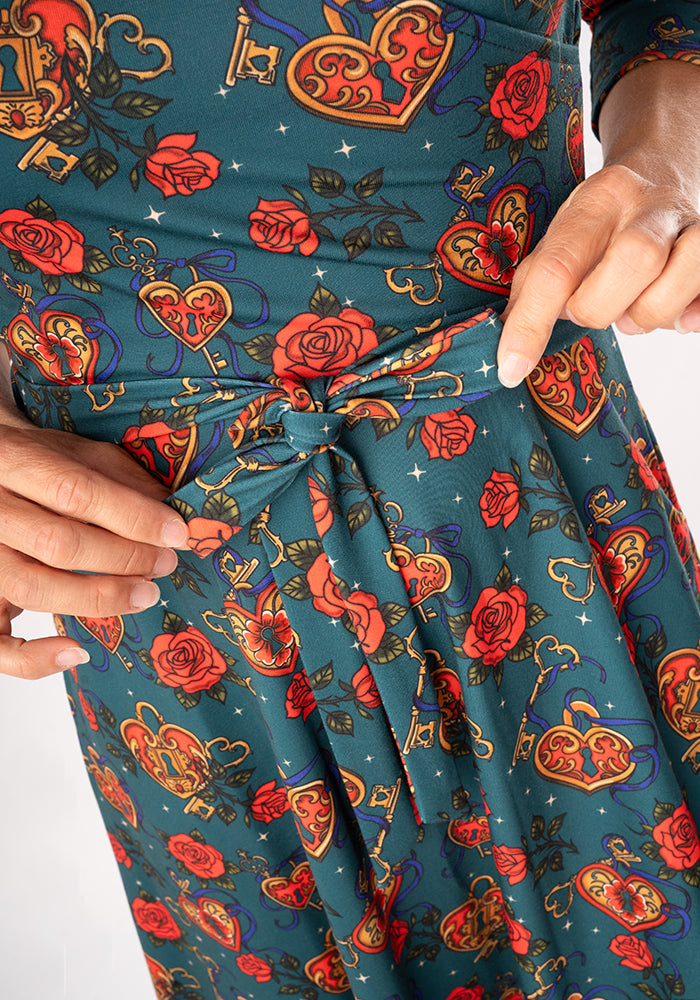 Third angle of Sophiette Lock and Key Tattoo Print Dress