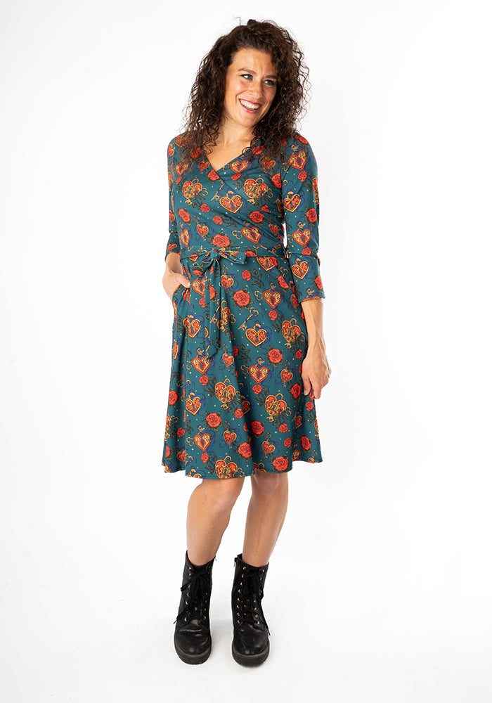 Fourth angle of Sophiette Lock and Key Tattoo Print Dress