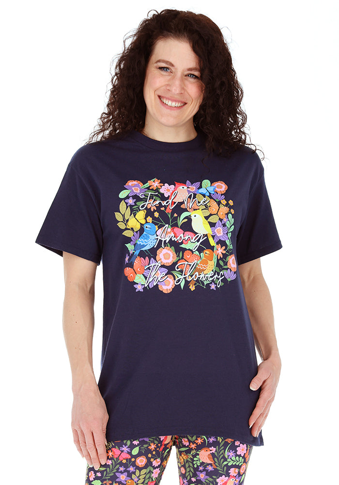 Front view of Spring Bird Graphic Print T-Shirt (Navy)