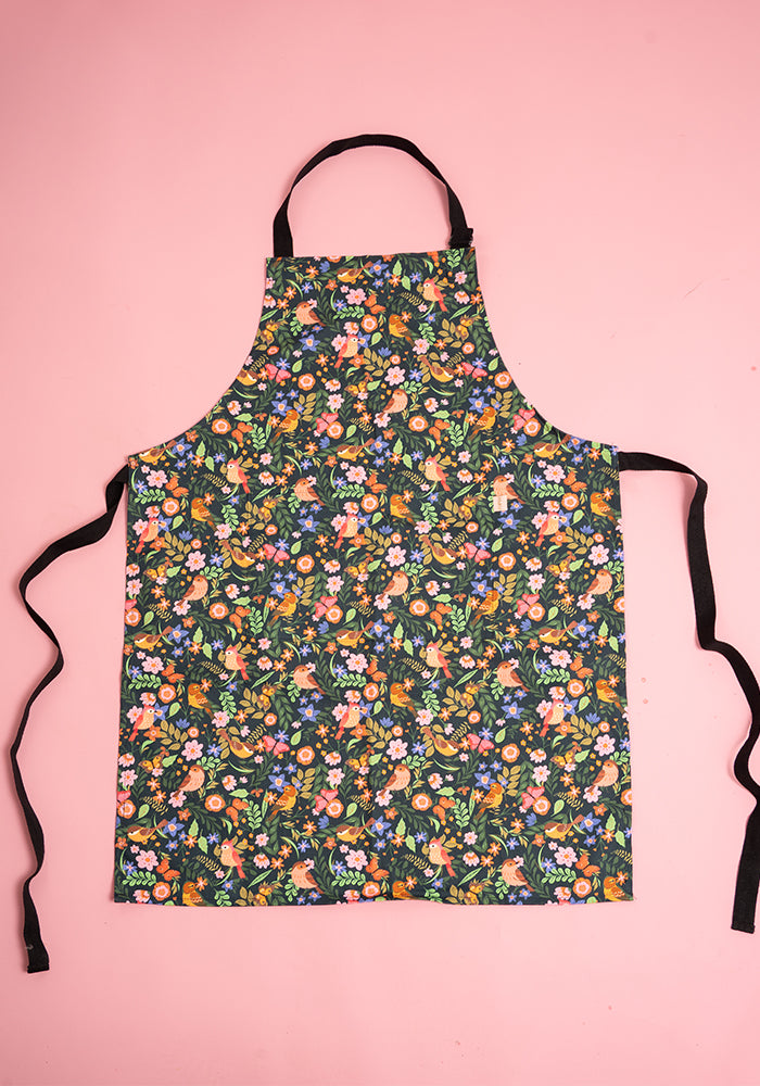 Front view of Spring Bird Print Popsy Apron