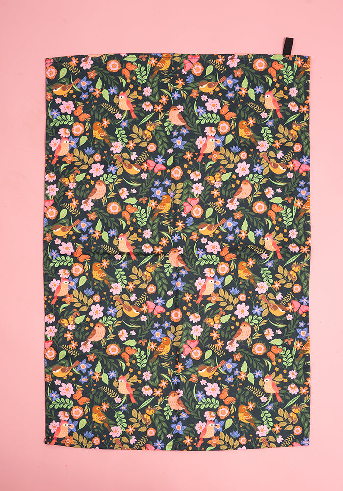 Front view of Spring Bird Print Popsy Tea Towel