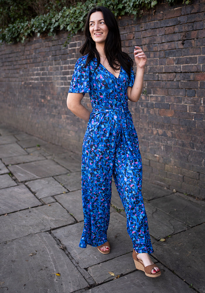 Fourth angle of Stefaniya Abstract Animal Print Wide Full Leg Jumpsuit