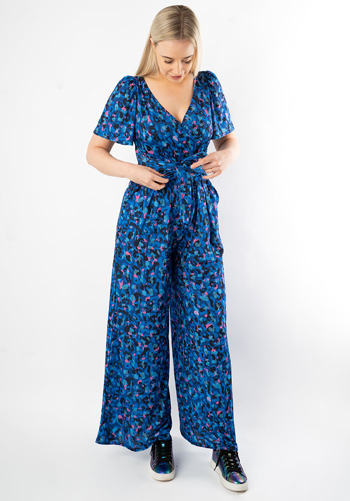 Third angle of Stefaniya Abstract Animal Print Wide Full Leg Jumpsuit