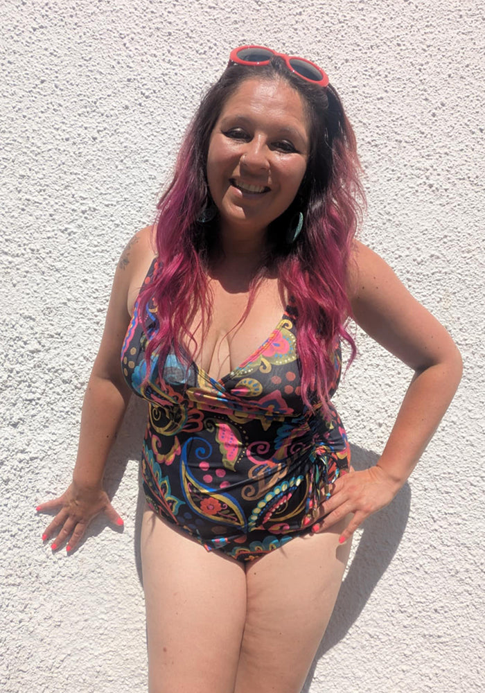 Third angle of Painted Paisley Print Side Ruched Swimsuit