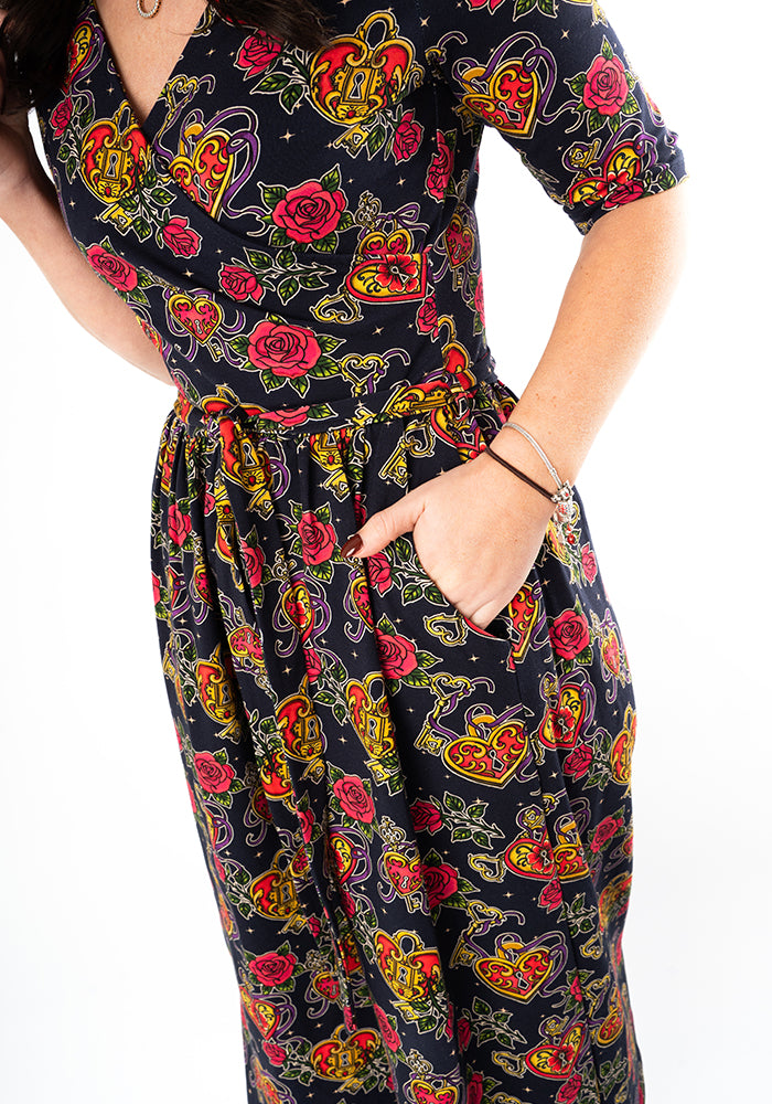 Eighth angle of Stephie Navy Lock and Key Tattoo Print Cotton Midi Dress