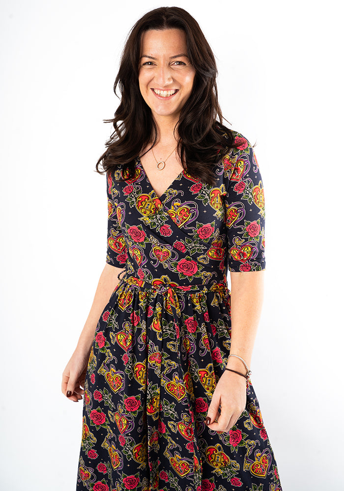 Sixth angle of Stephie Navy Lock and Key Tattoo Print Cotton Midi Dress